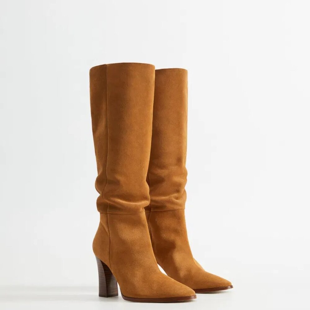 MANGO Sz 38 EU Chestnut Suede Leather Tall Leg Heeled Boots